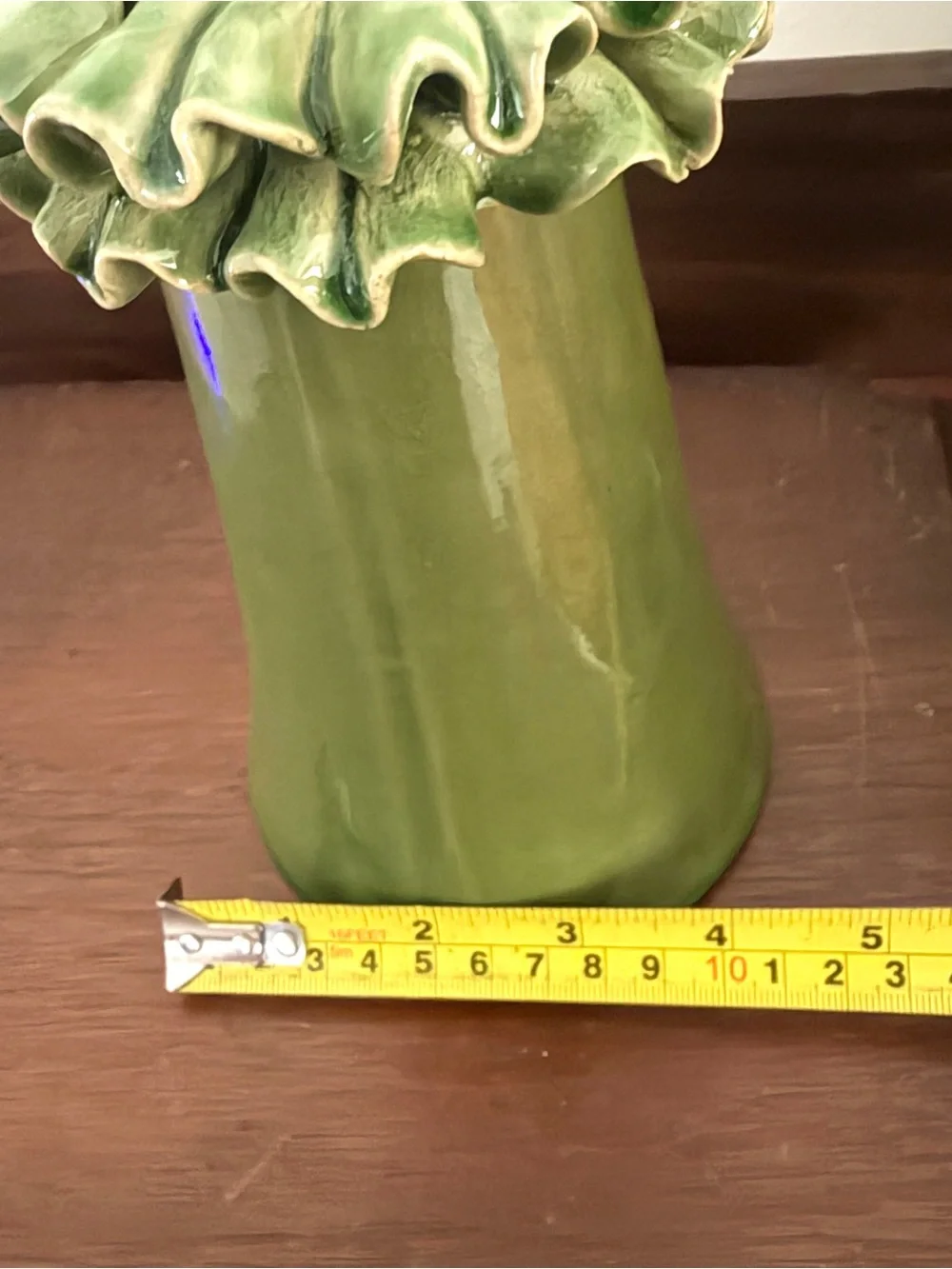 Vintage Green Ruffle Sleeve Ceramic Hand Vase Kitschy Mid Century Decor Coquette